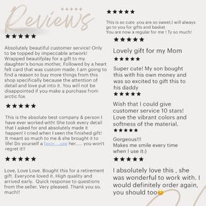 May include: Customer reviews for a handmade item. The reviews are positive and highlight the quality, customer service, and overall satisfaction with the product.