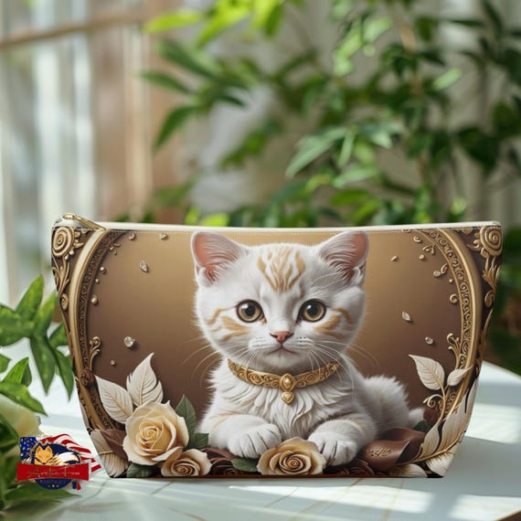Makeup Bag Adorable Cat Polyester Tbottom Pouch Large & Small Cosmetic Bag Durable Gold Travel Case USA Made Kitten Design with Roses