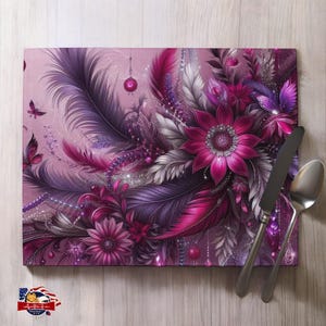 Designer Cotton Table Placemats  Purple Floral Jewels Feather Print  Durable & FadeResistant  Sets of 2 4 6 8  Elegant Dining Decor