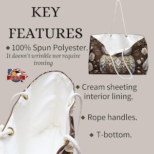 Trendy and ideas-rich travel tote with an elegant vine swirl and cream roses frame, enhancing the travel experience with style.
Functional large travel bag with a stoic owl protector motif, designed for those who value both aesthetics and utility