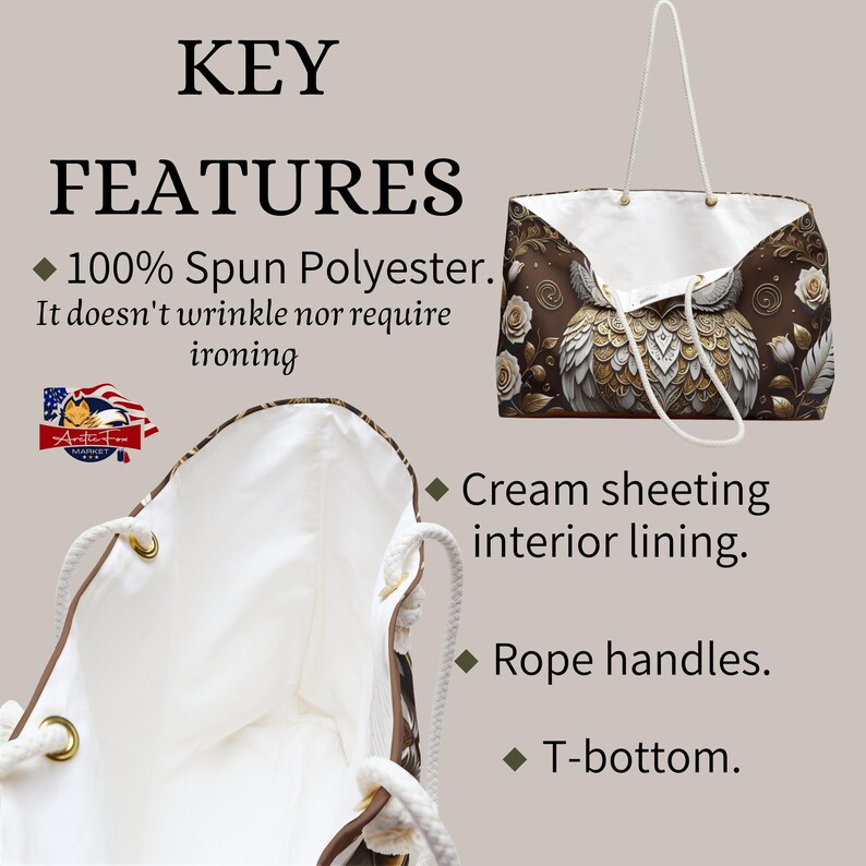 Trendy and ideas-rich travel tote with an elegant vine swirl and cream roses frame, enhancing the travel experience with style.
Functional large travel bag with a stoic owl protector motif, designed for those who value both aesthetics and utility