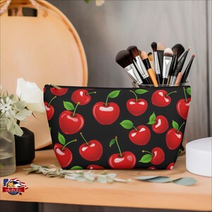 Vibrant Cherry TBottom Pouch  Large Red Cherry Print Durable Travel Cosmetic Bag Everyday Makeup & Toiletries Carry Case MultiSize
