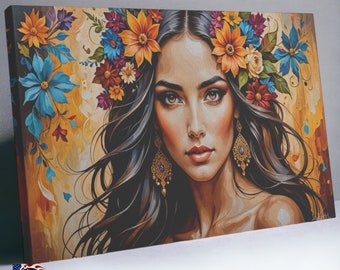 Bohemian Female Oil Painting Canvas Art  Vibrant Floral Boho Wall Art  Native Bohemian Wall Decor  Boho Home Decor  Floral Boho Wall Art