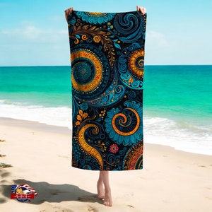 Dark Bohemian Beach Towel  30x60 Towel  Boho Beach Poolside Lounging Towel  Bold Paisley Boho Bathroom Decor  Trendy Bathroom Ideas