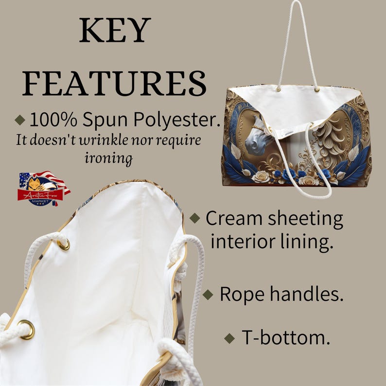 Spacious and durable oversized bag with horse design, ideal for beach, work, or gym, offering versatile use.
Unique horse artwork on durable travel tote, perfect gift idea for stylish and practical accessory lovers. Arcticfoxmarket.com