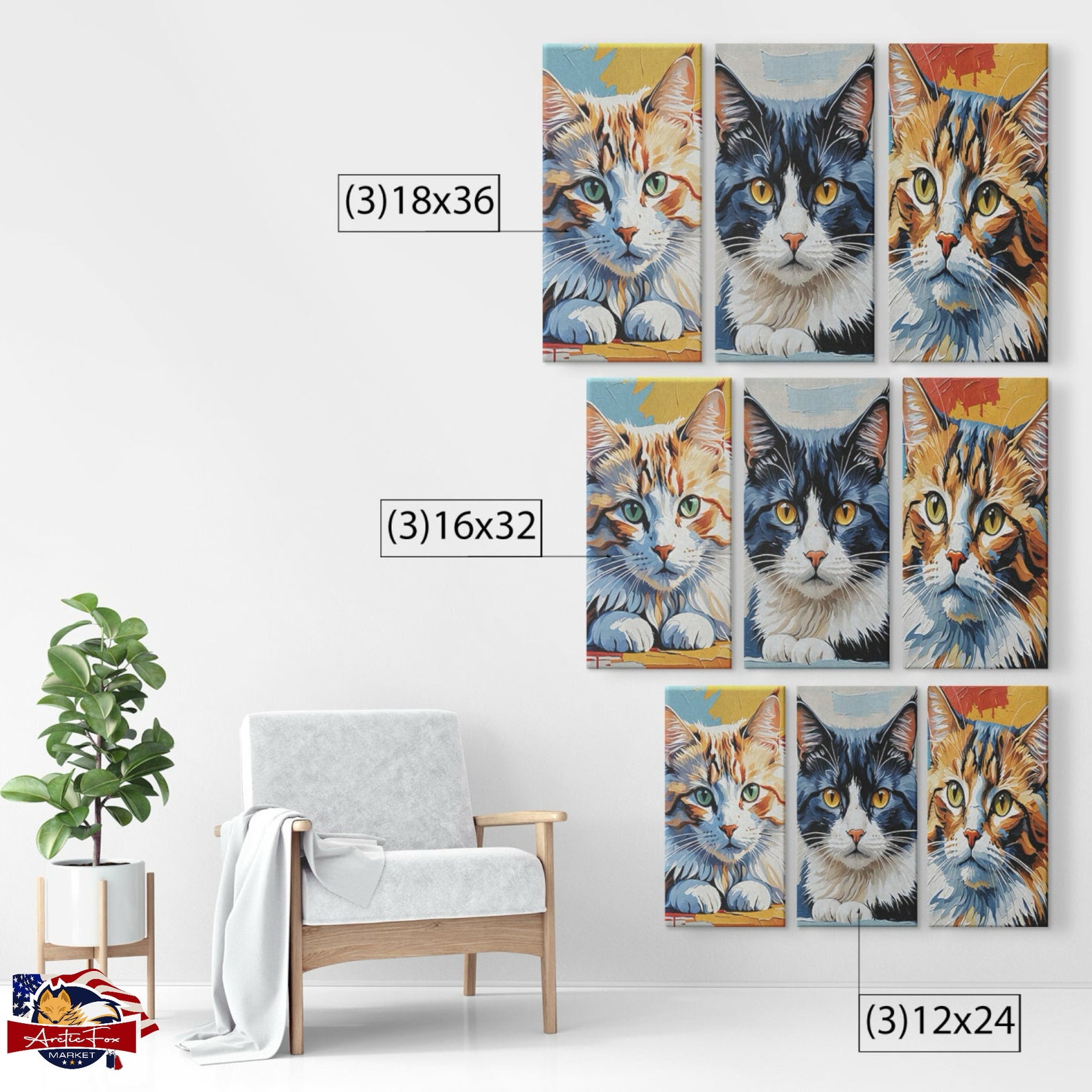 3 Piece Cat Face Canvas Wall Art Set Semiabstract Cat Decor 3 Sizes ...