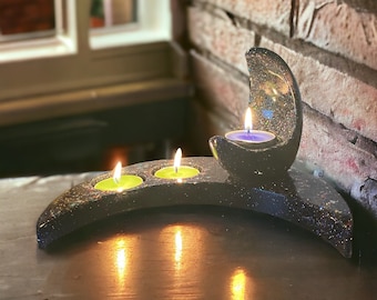 Galaxy Themed Crescent Moon Table Top Tea Light Candle Holders  Choose 2 or 3 Tea Light Spaces & Optional Single Tea Light Holders Add On