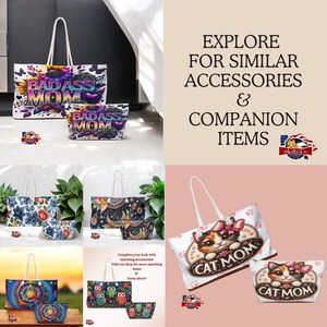 May include: Two tote bags and two matching cosmetic bags. The tote bags feature a variety of designs, including a floral pattern, a moon and stars pattern, a cat design, and an owl design. The cosmetic bags are smaller versions of the tote bags and feature the same designs. The text "BADASS MOM" is printed on one of the tote bags and cosmetic bags. The text "CAT MOM" is printed on another tote bag and cosmetic bag.