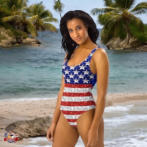 Patriotic American Flag Swimsuit  Glitter Look  Full Coverage & Cheeky  4th of July Bathing Suit  American Flag Women’s Bathing Suit
