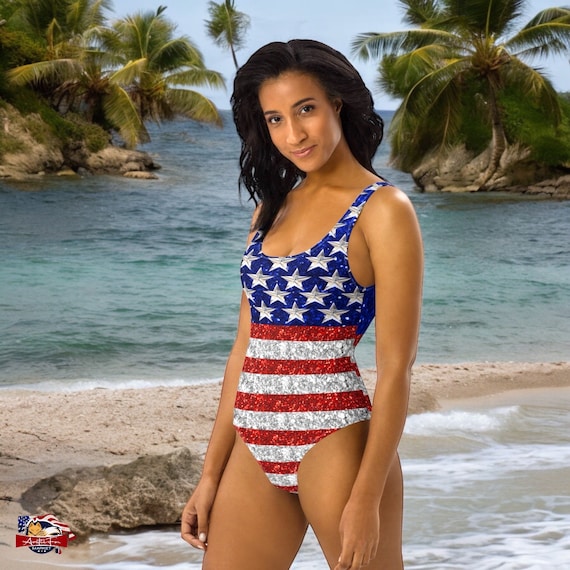Patriotic American Flag Swimsuit Glitter Look Full Coverage Cheeky 4th of July Bathing Suit American Flag Womens Bathing Suit Etsy