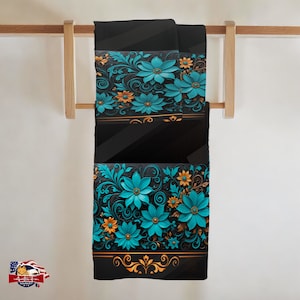 Elegant Turquoise Floral Hand Towel  Black & Bronze Accents Hand Towel  Luxurious Bathroom Decor  Dark Floral Decor  11x18 15x25 Towel