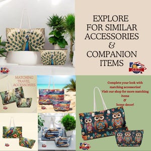 May include: Four different tote bags with matching smaller pouches. The tote bags feature various colorful designs, including peacocks, owls, and abstract patterns. The text "Matching Travel Accessories" is visible in the top left corner. The text "Explore for Similar Accessories & Companion Items" is visible in the top right corner.
