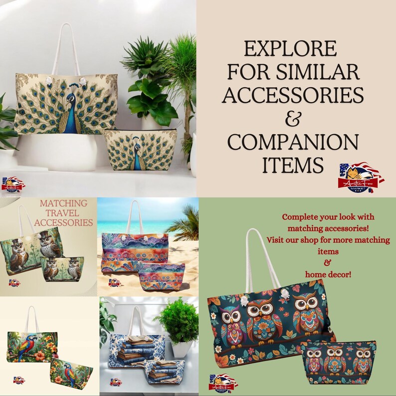 May include: Four different tote bags with matching smaller pouches. The tote bags feature various colorful designs, including peacocks, owls, and abstract patterns. The text "Matching Travel Accessories" is visible in the top left corner. The text "Explore for Similar Accessories & Companion Items" is visible in the top right corner.