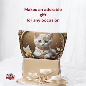 Stylish polyester pouch set, available in multiple sizes, showcasing cream roses & vine swirls with a captivating kitten centerpiece.
Functional and chic T-bottom pouch, perfect for daily use or special occasions, blending artistry with practicality