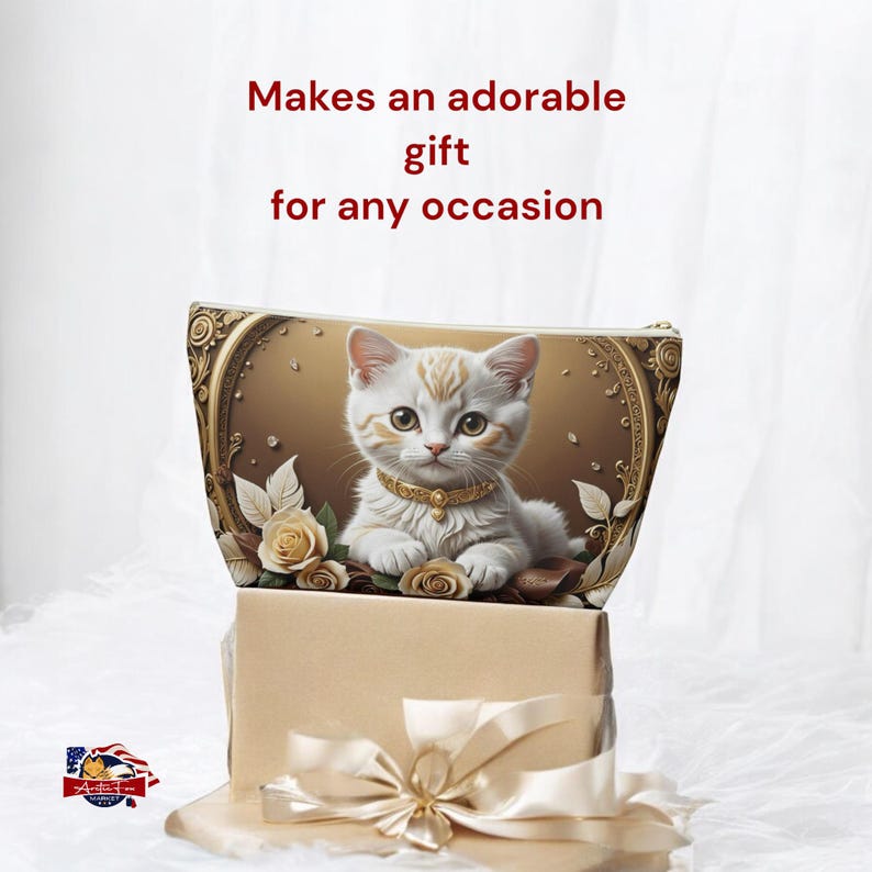 Stylish polyester pouch set, available in multiple sizes, showcasing cream roses & vine swirls with a captivating kitten centerpiece.
Functional and chic T-bottom pouch, perfect for daily use or special occasions, blending artistry with practicality