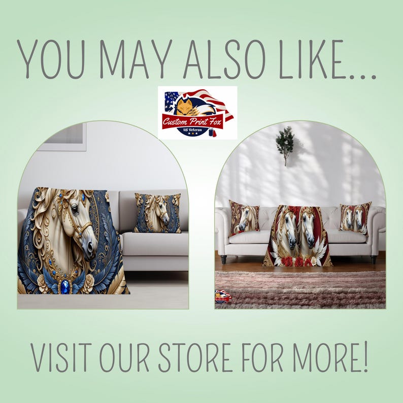 May include: Two white sofas with throw pillows and blankets featuring a horse design. The sofas are in a room with white walls and a rug on the floor. The text "Custom Print Fox" is visible in the image.