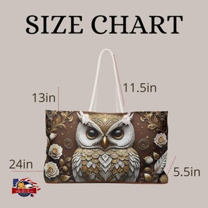 Luxurious polyester weekender tote with robust cream rope handles, perfect for carrying essentials stylishly and comfortably.
Unique travel bag featuring a guardian owl design, ideal for gifting to those who appreciate artistry