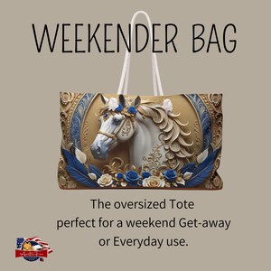 Functional large travel tote with faux leather base and horse art, perfect for stylish weekend getaways.
Chic blue and gold weekender tote with rope handles, blending art and functionality for travel ideas. Arcticfoxmarket.com