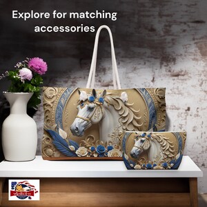 Stylish oversized weekender with blue and gold design, a chic accessory for beach or everyday use.
Functional and trendy oversized tote with unique horse artwork, ideal for gift giving and stylish travels. Arcticfoxmarket.com