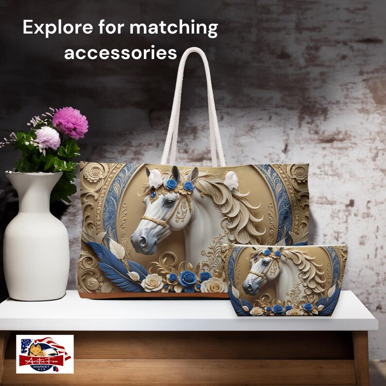 Stylish oversized weekender with blue and gold design, a chic accessory for beach or everyday use.
Functional and trendy oversized tote with unique horse artwork, ideal for gift giving and stylish travels. Arcticfoxmarket.com