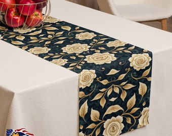 Elegant Cream Rose Table Runner | 90x16 Inch Deep Emerald Background | Sophisticated Dining Decor Floral Dinning Table Decor - Cloth Runner