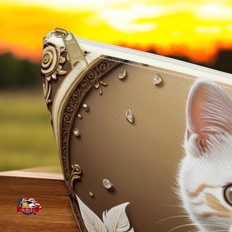 Stylish travel case in polyester with detailed kitten motif set against cream roses and green leaves, a must-have accessory for trendy organizers. Functional and fashionable T-bottom pouch, showcasing a vibrant 3D kitten design. Arcticfoxmarket.com
