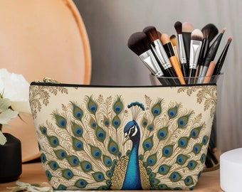 Beige Peacock T Bottom Cosmetic Pouch MultiSize Cosmetic Bag Durable Zipper Closure Peacock Makeup Travel Bag Toiletries Accessories Bag
