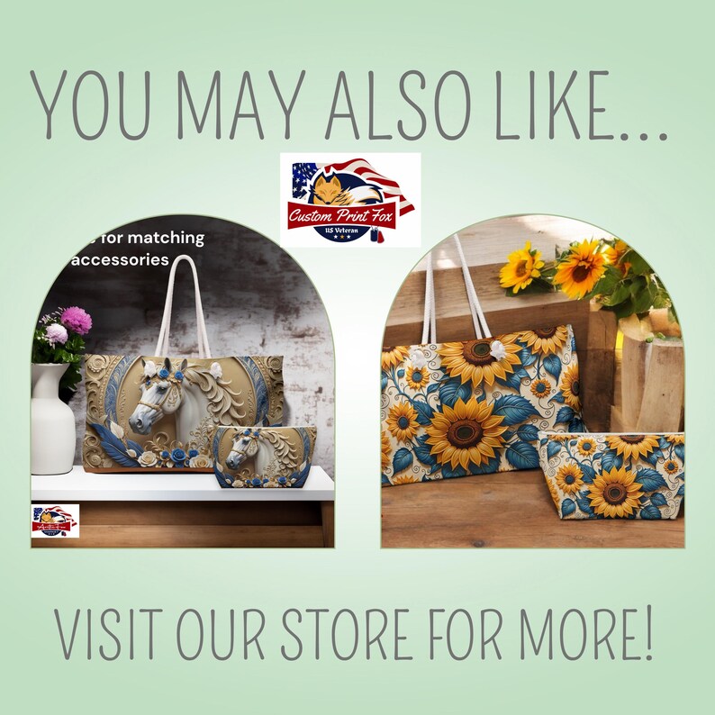 May include: Two tote bags with matching cosmetic bags. One bag features a white horse with a floral design, the other features a sunflower design. Both bags have white handles and are made of a canvas-like material.