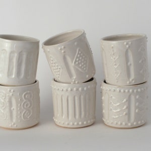 XS Vase, Aran, and Dot,  white, ceramic, handbuilt, unique, Irish, knit, Aran knit, Celtic casual, elegant, coastal pot de creme