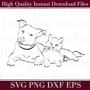 Puede incluir: Ilustración en blanco y negro de línea de un perro y un gato acostados uno al lado del otro. El perro es un pitbull y el gato es un gato de pelo largo. La imagen es adecuada para usar como descarga digital para proyectos de manualidades.