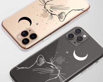 Clear Celestial Cat Gazing at the Moon Phone Case Cover for iPhone 17 Pro Max 16 15 Plus 14 13 Mini SE Samsung S26 S25 S24 Google Pixel 10 9