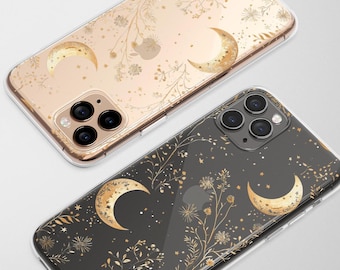 Clear Celestial Gold Moon Phone Case Stars Mystical Flower Cover for iPhone 17 Pro Max 16 Plus 13 12 Mini 11 Samsung S26 S25 S24 Pixel 9 8