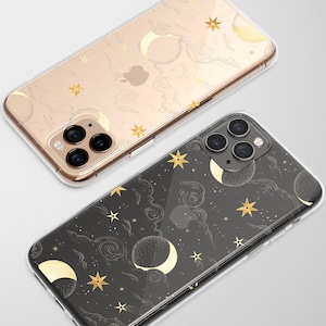 Coque de téléphone céleste transparente, étoiles de lune, housse mystique pour iPhone 16 Pro Max 15 Plus 13 12 Mini 11 XR SE Samsung S24 S23 S22 Google Pixel 9 8