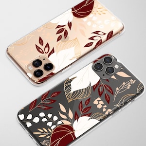 Clear Maroon Gold Botanical Phone Case Floral Cover for iPhone 16 Pro Max 16e 15 Plus 13 12 Mini 11 Samsung S25 S24 S23 Google Pixel 9
