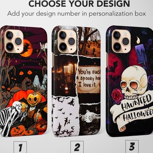 以下が含まれることがあります： ハロウィーンをテーマにしたiPhoneケースが3種類あります。最初のケースは、不気味な森のシーンに骸骨とカボチャが描かれています。2番目のケースは、墓地、ろうそくの灯りがともった部屋、暗闇から伸びる手など、不気味な画像のコラージュです。3番目のケースは、骸骨に「Haunted Halloween」と書かれたバナーが付いています。