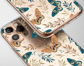 Clear Celestial Moth Butterfly Phone Case Moon Stars Mystical Cover for iPhone 17 Pro Max 16 Plus 13 12 Mini 11 SE Samsung S26 S25 Pixel 9 8
