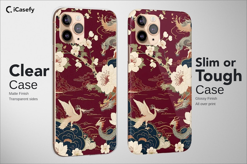 K&ouml;nnte beinhalten: Zwei Handyh&uuml;llen mit burgunderrotem Hintergrund mit einem Blumen- und Drachendesign. Eine H&uuml;lle ist matt mit transparenten Seiten, die andere gl&auml;nzend. Der Text "Clear Case" und "Slim or Tough Case" ist sichtbar.