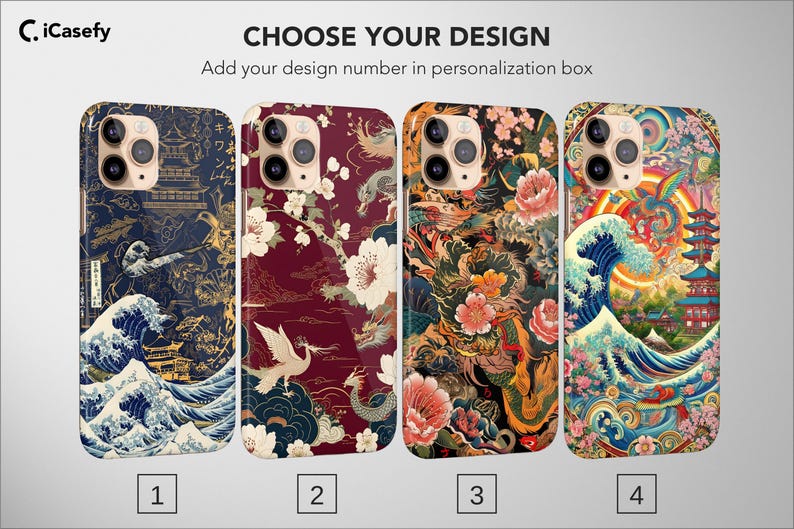 K&ouml;nnte beinhalten: Vier Handyh&uuml;llen mit japanisch inspirierten Designs. Jede H&uuml;lle zeigt eine andere Illustration: eine marineblaue Szene mit einer Pagode und Wellen, ein bordeauxfarbenes Blumenmuster, ein detailliertes Blumen- und Drachendesign und eine farbenfrohe Landschaft mit einer Pagode und einem Regenbogen.