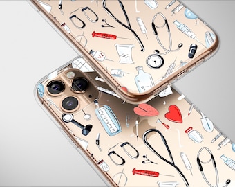 Clear Medical Tools Patterned Phone Case Cover for iPhone 16 Pro Max 16e 15 Plus 13 12 Mini 11 Samsung S25 S24 S23 Google Pixel 9
