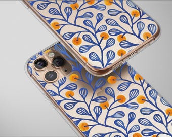 Clear Glitch Botanical Blue Leaf Orange Berry Pattern Phone Case Cover for iPhone 17 Pro Max 16 15 17e Samsung S26 S25 Pixel 8787