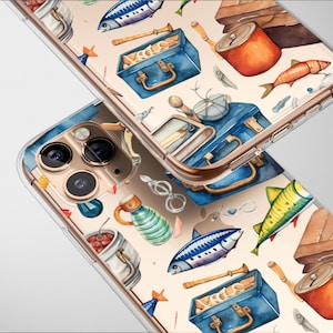 Clear Vintage Fishing Tackle Pattern Phone Case Cover for iPhone 16 Pro Max 16e 15 Plus 13 12 Mini 11 Samsung S25 S24 S23 Google Pixel 9