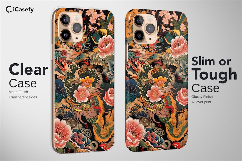K&ouml;nnte beinhalten: Zwei Handyh&uuml;llen mit einem farbenfrohen Blumen- und Drachendesign. Eine H&uuml;lle ist transparent mit mattem Finish und transparenten Seiten. Die andere H&uuml;lle ist eine robuste H&uuml;lle mit gl&auml;nzendem Finish und All-Over-Print. Die H&uuml;llen zeigen den Text "Clear Case" und "Slim or Tough Case".