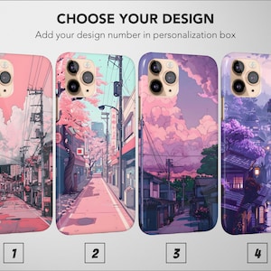 Puede incluir: Cuatro fundas para teléfono con diseños inspirados en escenas callejeras japonesas en tonos rosa, morado y azul. El texto "CHOOSE YOUR DESIGN" es visible, con los números 1 al 4.