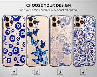 Clear Blue Phone Case Butterfly Floral Seashell Cover for iPhone 15 Pro Max 14 Plus 13 12 Mini 11 XR XS X SE Samsung S24 S23 S22 Pixel 8 7 6