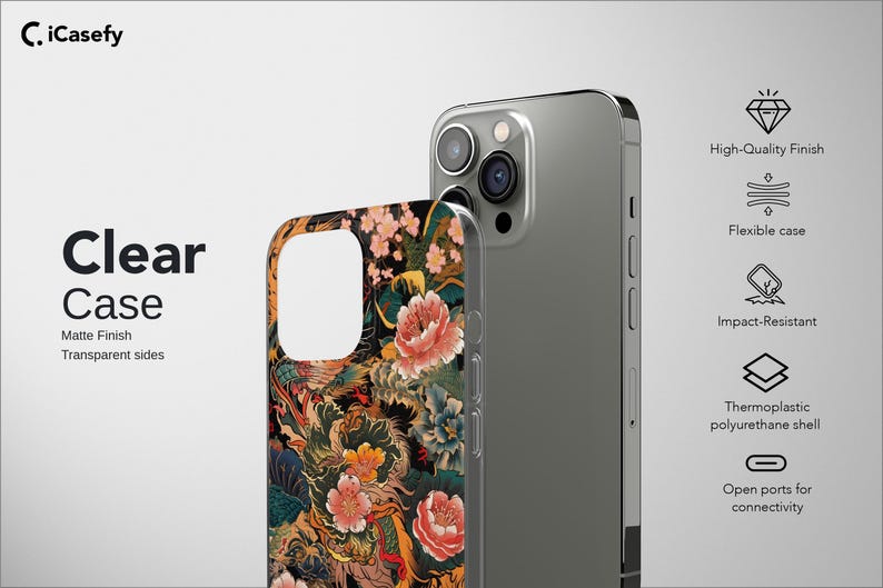 K&ouml;nnte beinhalten: Transparente Handyh&uuml;lle mit floralem Design in Rosa, Gelb und Gr&uuml;n. Die H&uuml;lle hat eine matte Oberfl&auml;che und transparente Seiten. Auf dem Bild ist auch ein silberfarbenes Telefon zu sehen.