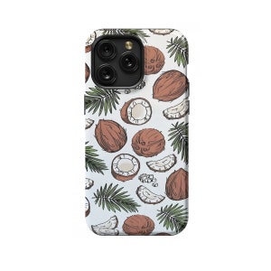 May include: A white phone case with a pattern of brown coconuts and green palm leaves. The case has a black camera cutout.
