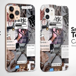 Pode incluir: Duas capas para telem&oacute;vel com um design de colagem que apresenta imagens m&eacute;dicas, incluindo um estetoscopio, um cora&ccedil;&atilde;o e o texto "Enfermeira em progresso, Carregando..." As capas est&atilde;o dispon&iacute;veis em um acabamento fosco suave e um acabamento brilhante de encaixe ou resistente.