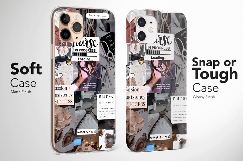 Pode incluir: Duas capas para telem&oacute;vel com um design de colagem que apresenta imagens m&eacute;dicas, incluindo um estetoscopio, um cora&ccedil;&atilde;o e o texto "Enfermeira em progresso, Carregando..." As capas est&atilde;o dispon&iacute;veis em um acabamento fosco suave e um acabamento brilhante de encaixe ou resistente.