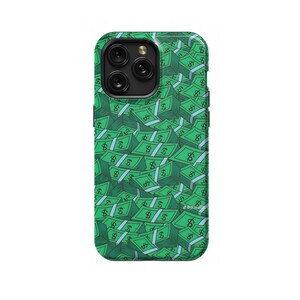 May include: A green phone case with a pattern of stacked dollar bills. The case has a cutout for the camera lens.