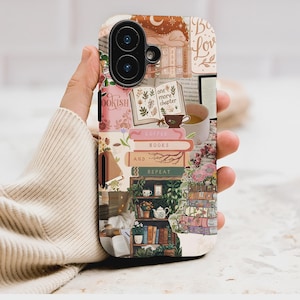 May include: A phone case with a collage design featuring books, coffee, and floral elements. The case has the words "Bookish", "Coffee, Books, and Repeat", and "One More Chapter" printed on it. The case is a mix of pink, brown, and green.